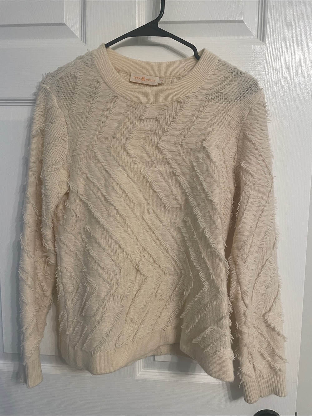 Tory Burch Cream Textured Chevron Crewneck Sweater